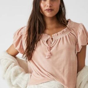 ☀️3/$25 NWT Free people Terese Velvet Top small Peach Pink Split Neck Tassel S